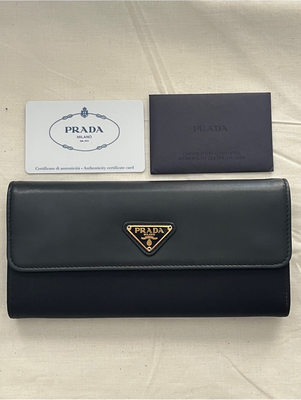 Authentic PRADA Tessuto + Soft Calf Flap Wallet (Black / Nero)